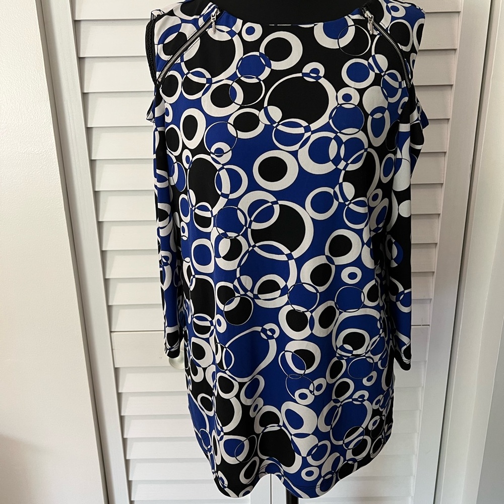 Susan Graver Long Sleeve Dress with Blue and Black Circle Pattern